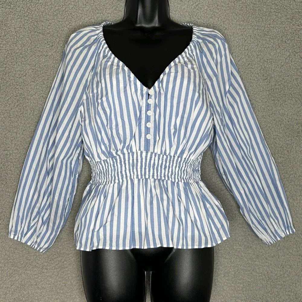 J.Crew Womens Blue White Stripe Babydoll Blouse XS Long Slv Smocked Waist Cotton - Picture 1 of 12